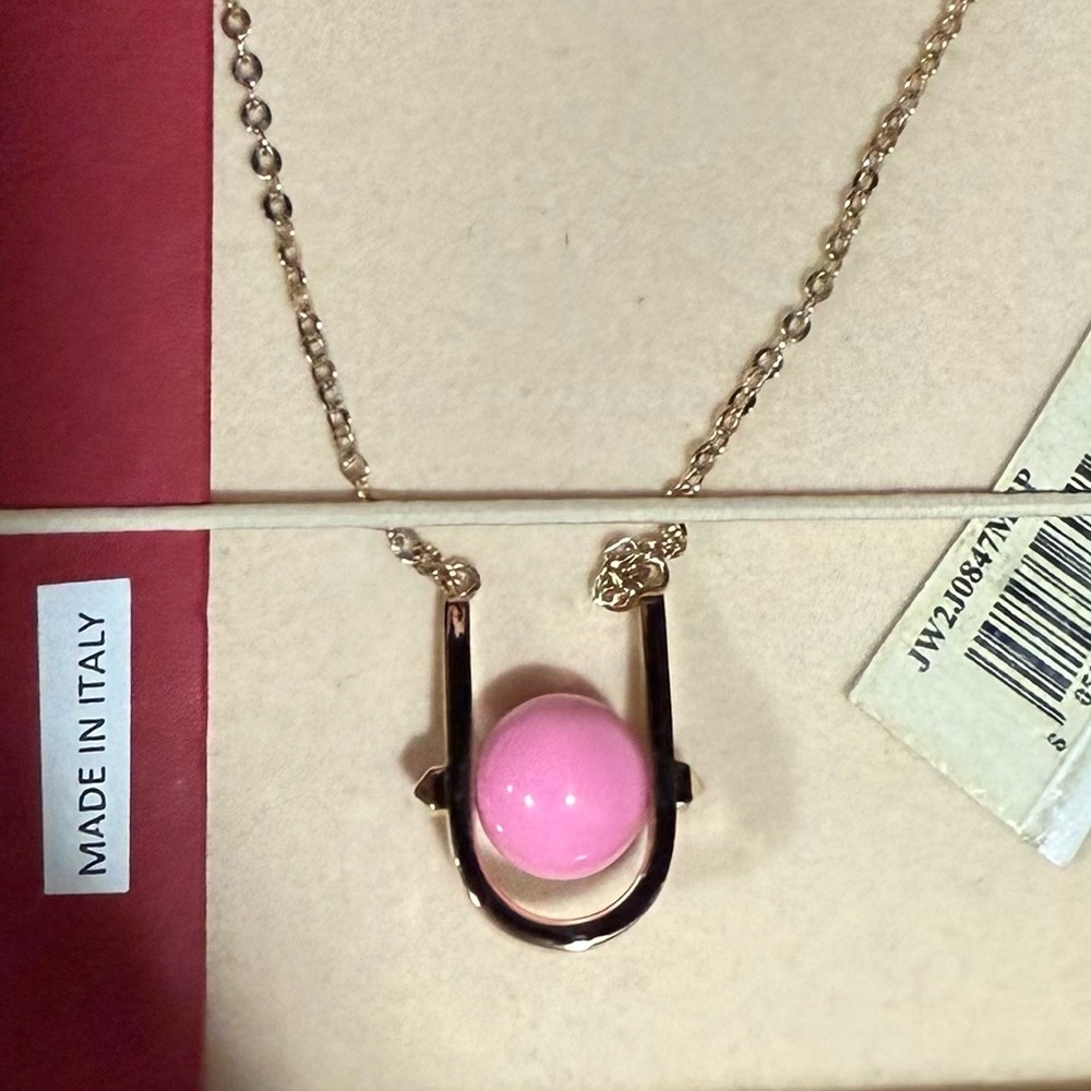 New Vintage Valentino gold necklace pink lucite pendant U shape limited edition